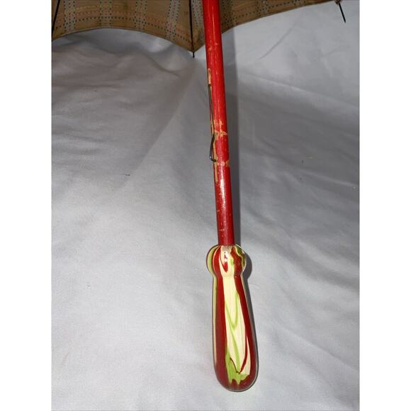 ANTIQUE VICTORIAN PARASOL PINK ORANGE YELLOW BLUE STRIPED MARBILIZED HANDLE - Picture 9 of 12